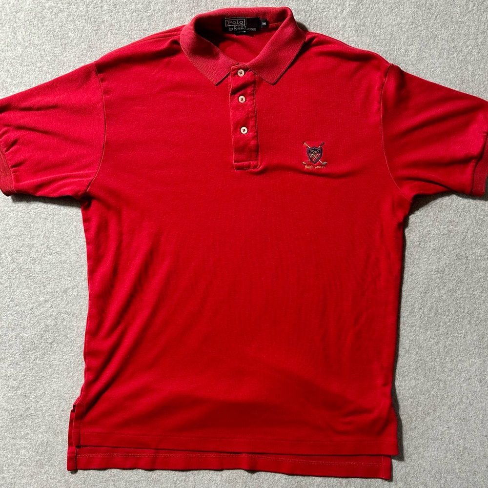 Vintage Ralph Lauren Polo Golf Shirt Mens Medium Red Crest Collared Button Neck